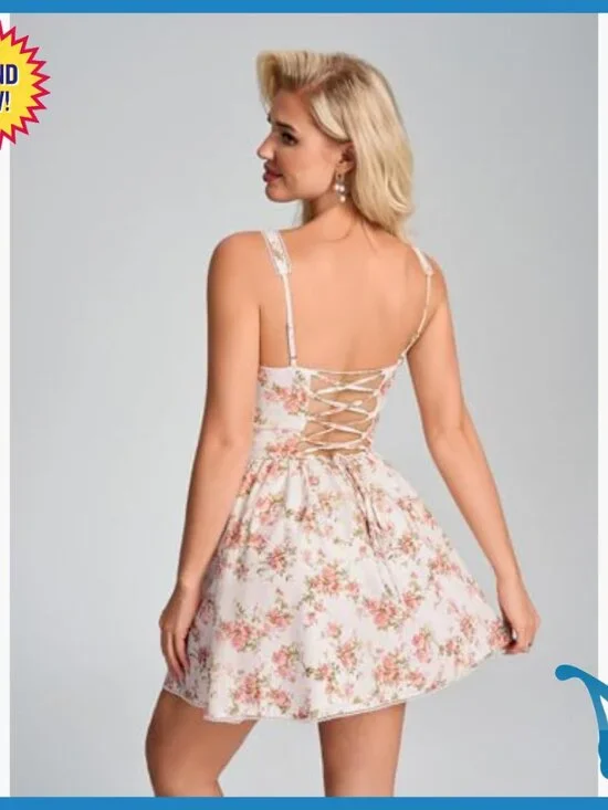 Summer Floral Mini Dress Corset Lace Up Square Neck A-Line Casual - Picture 5 of 7
